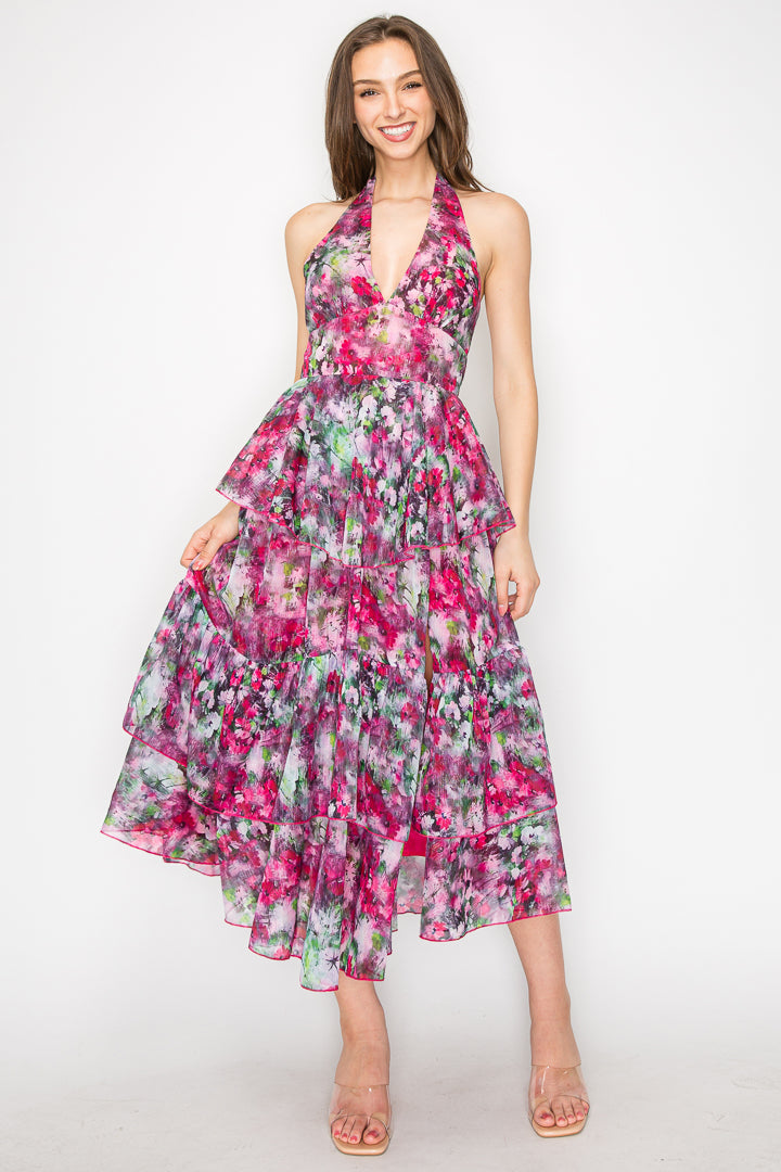 Chloe Floral Halter Tiered Midi Dress