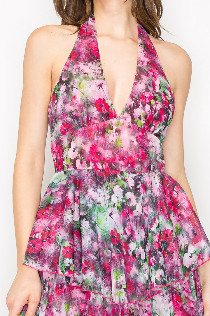 Chloe Floral Halter Tiered Midi Dress