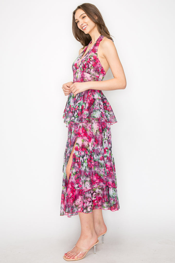 Chloe Floral Halter Tiered Midi Dress