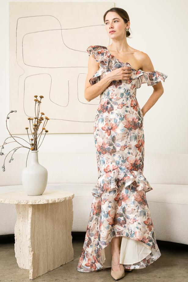 Meredith High-Low Floral Print Ruffle Gown