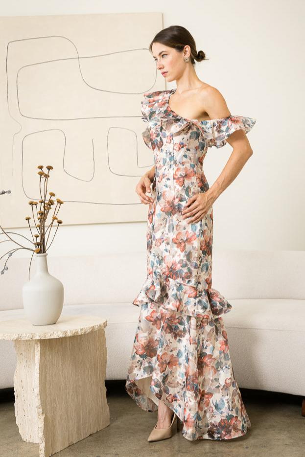 Meredith High-Low Floral Print Ruffle Gown