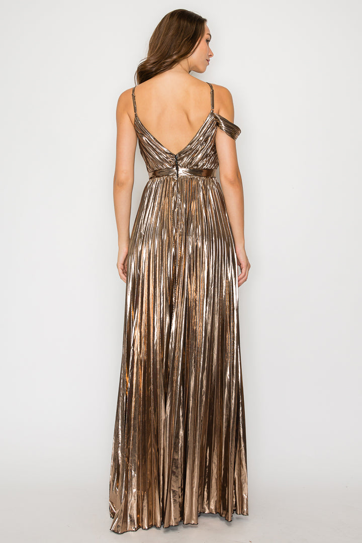 Faye Pleated Metallic Gown