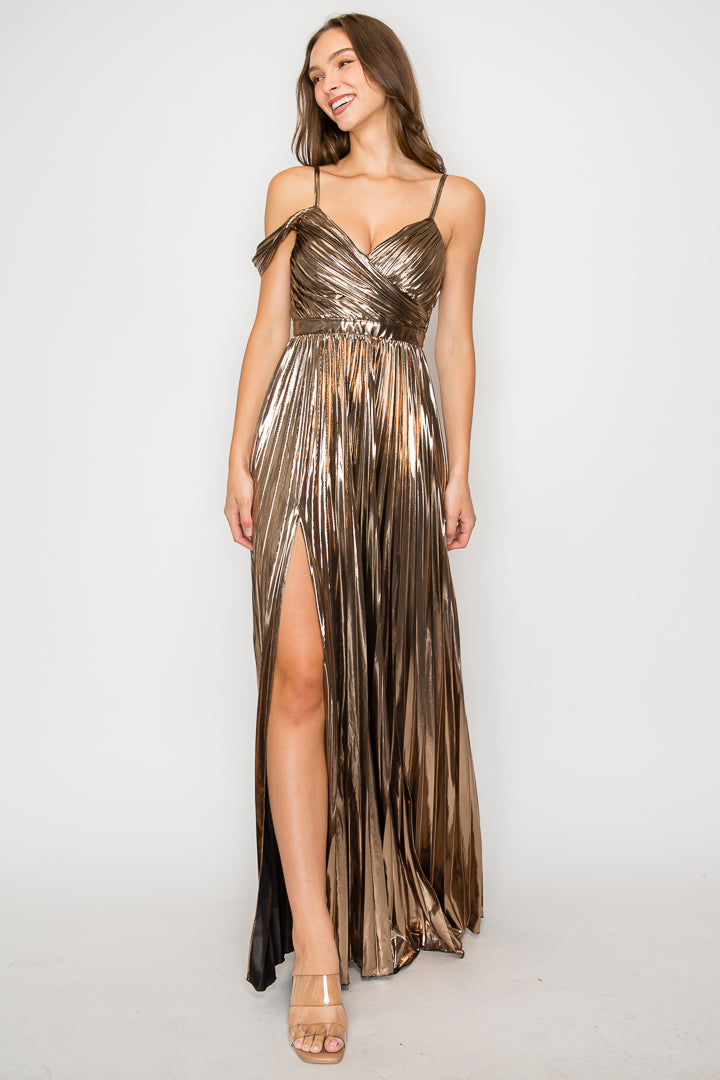 Faye Pleated Metallic Gown