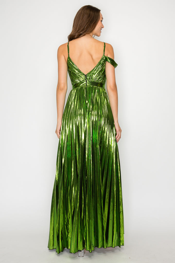 Faye Pleated Metallic Gown