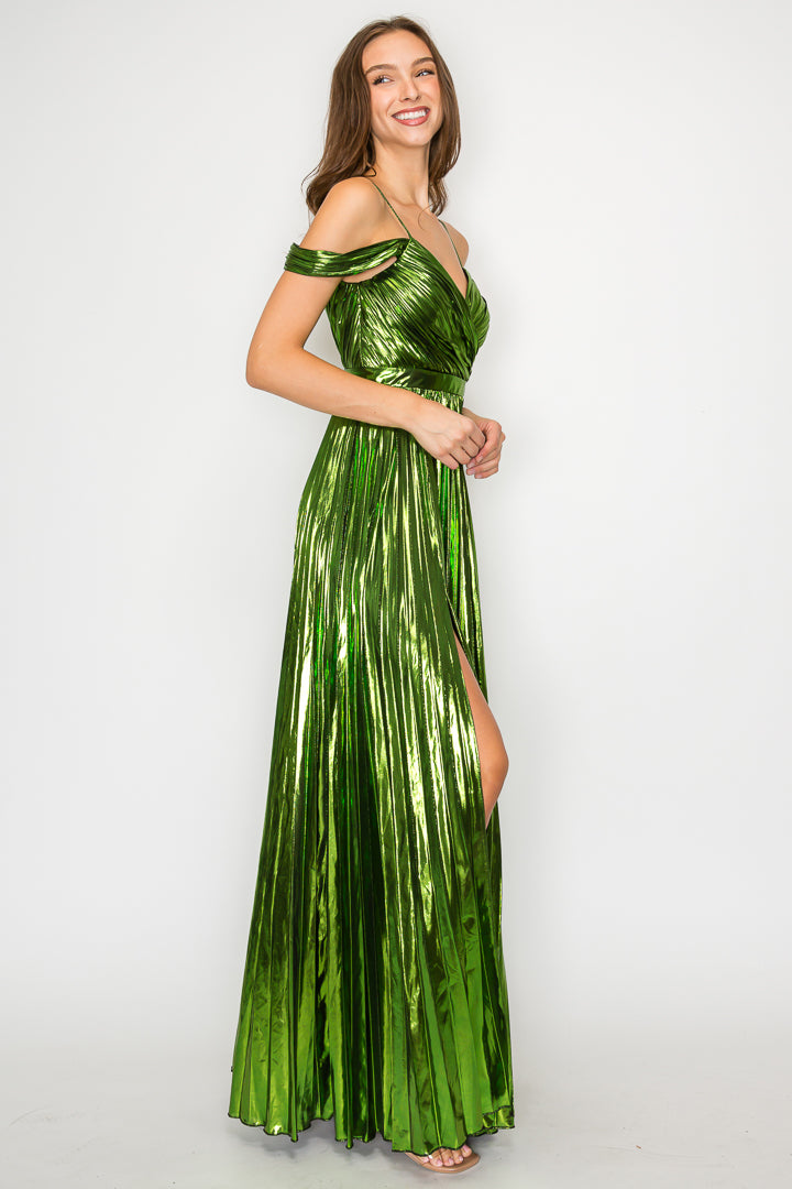 Faye Pleated Metallic Gown