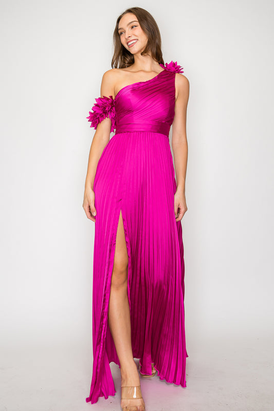 Lola One-Shoulder Satin Pleated Gown
