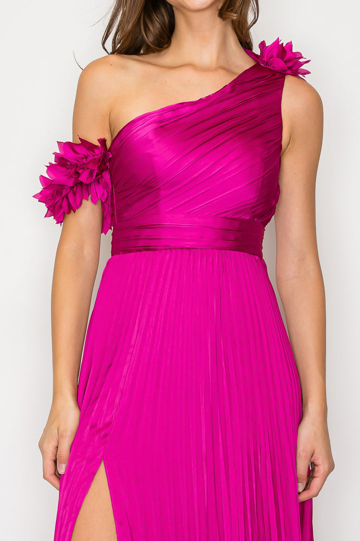 Lola One-Shoulder Satin Pleated Gown