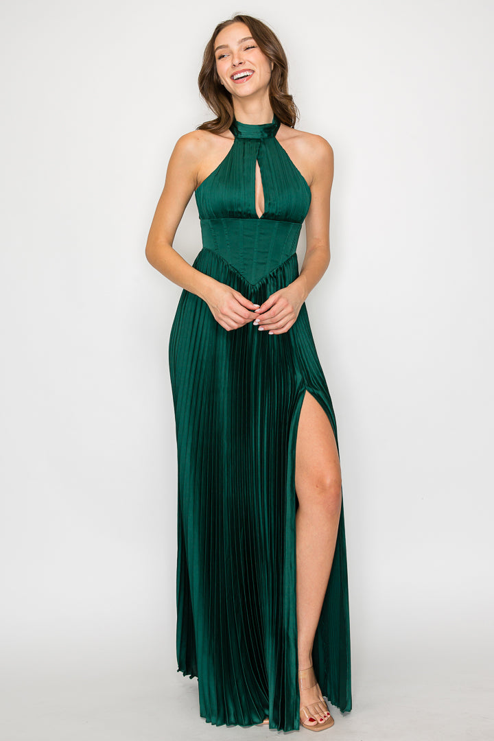 Celeste Pleated Corset Halter Maxi Dress