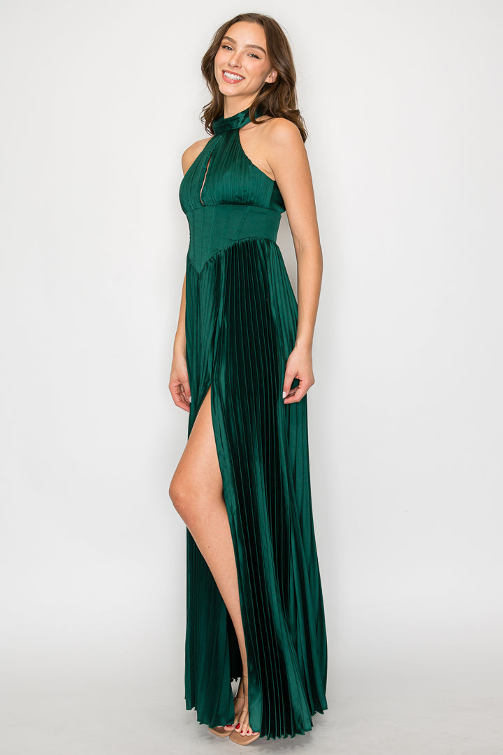 Celeste Pleated Corset Halter Maxi Dress