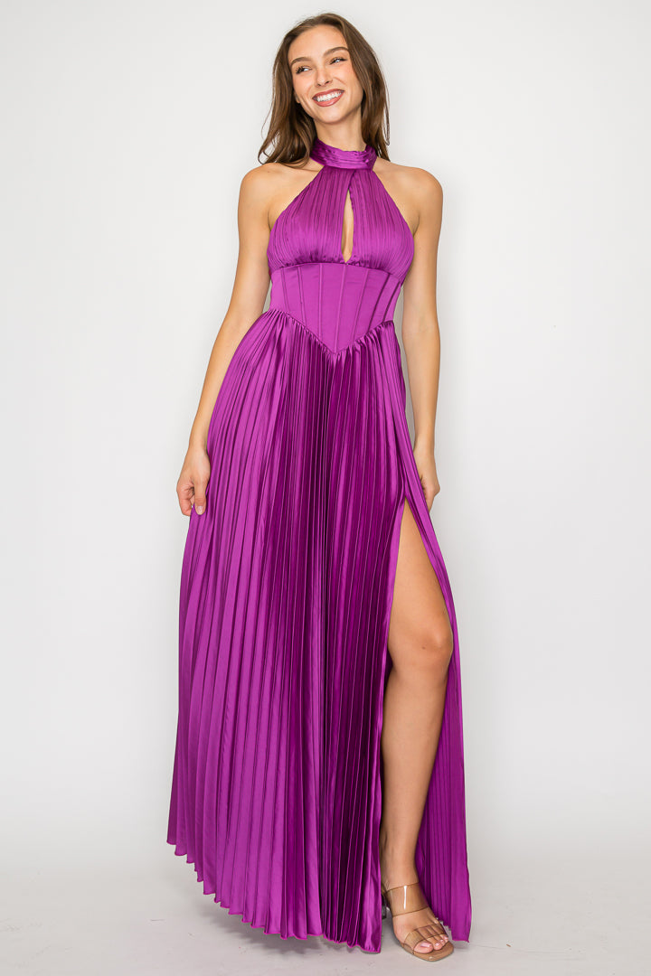 Celeste Pleated Corset Halter Maxi Dress