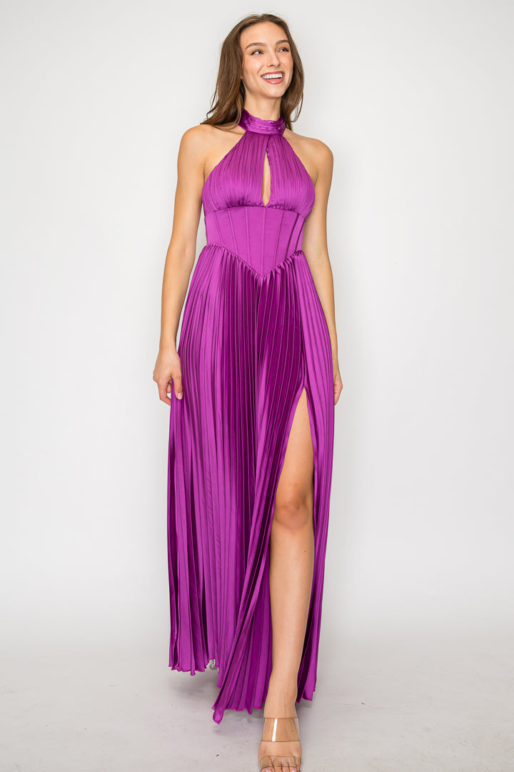Celeste Pleated Corset Halter Maxi Dress