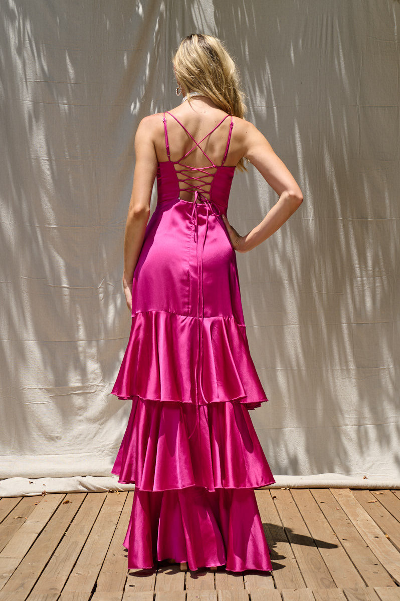 Jess Satin Tiered Dress with Lace Up Back