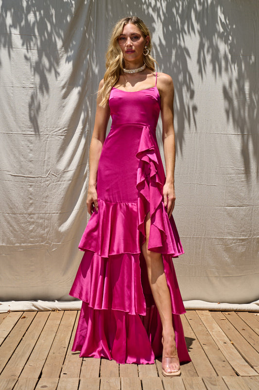 Jess Satin Tiered Dress with Lace Up Back