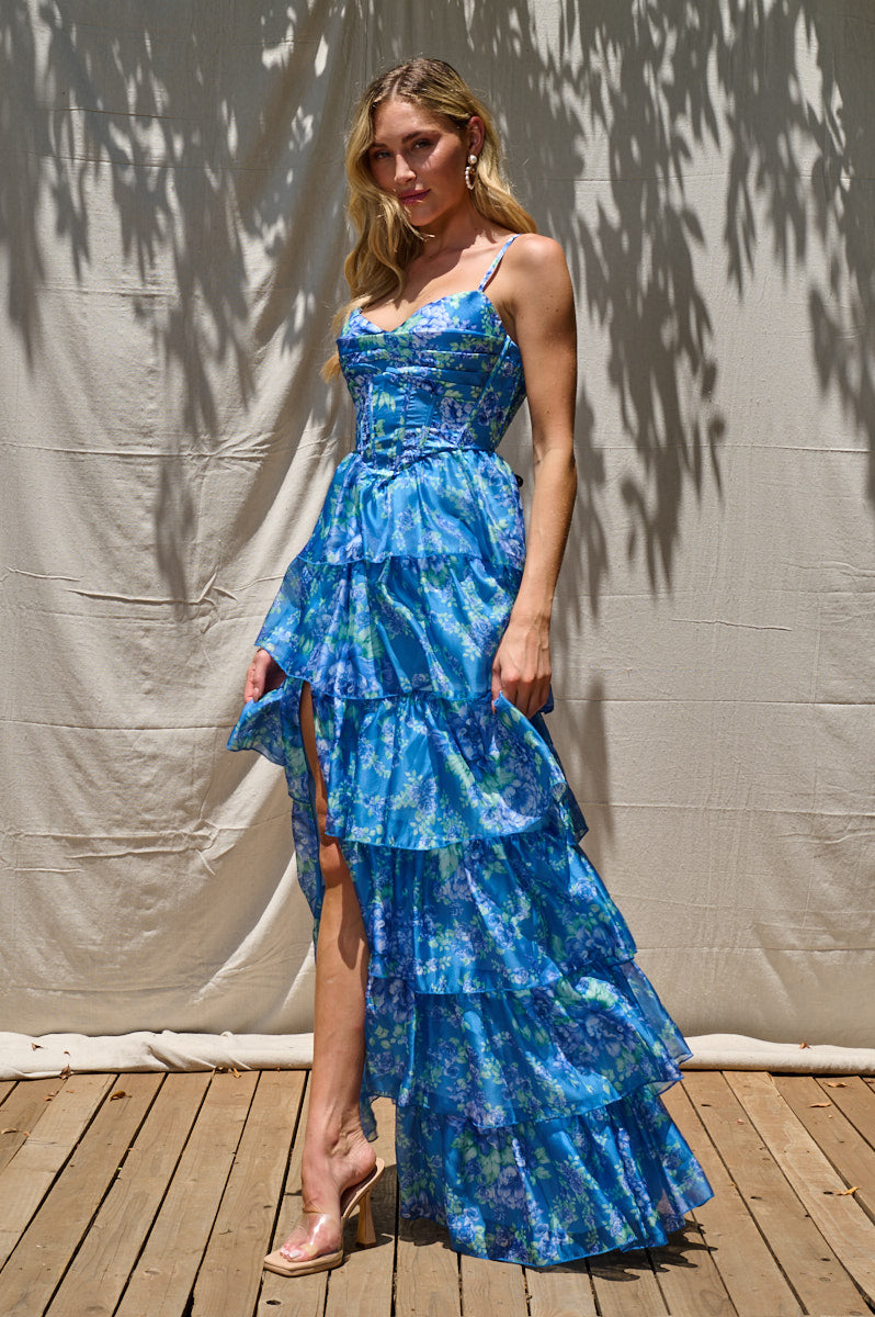 tiered corset dress Off Shoulder Sheer Corset Tiered Gown by GLS Gloria GL3453 L / Smoky Blue