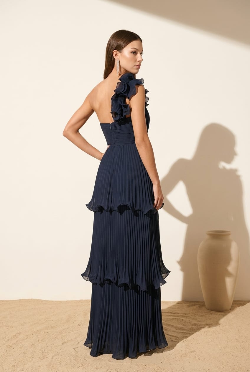 Lucia Pleated Chiffon One Shoulder Tiered Gown