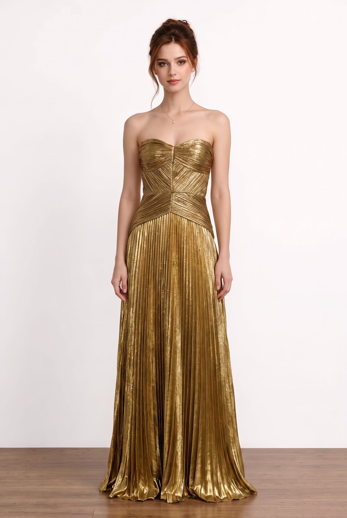 Veronica Metallic Strapless Maxi Pleated Dress