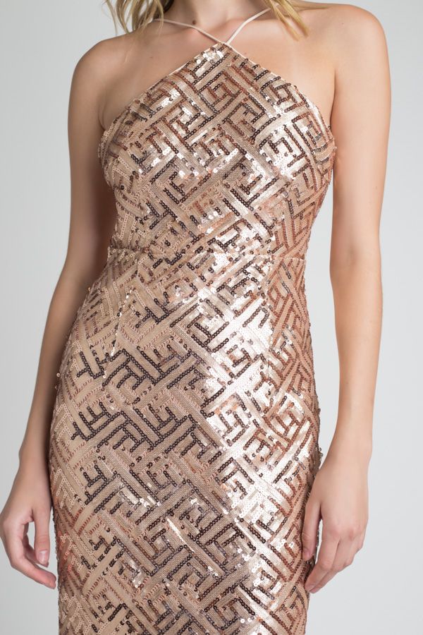 Mira Geometric Halter Sequin Gown