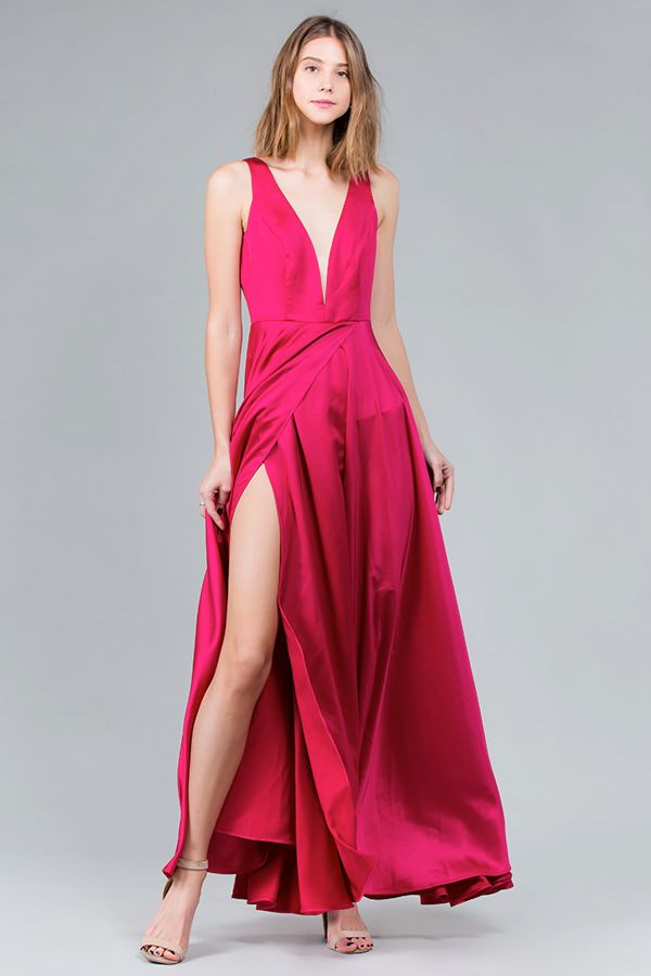 deep v satin dress Simple Long Silk Satin Wedding Dress Deep V Neck