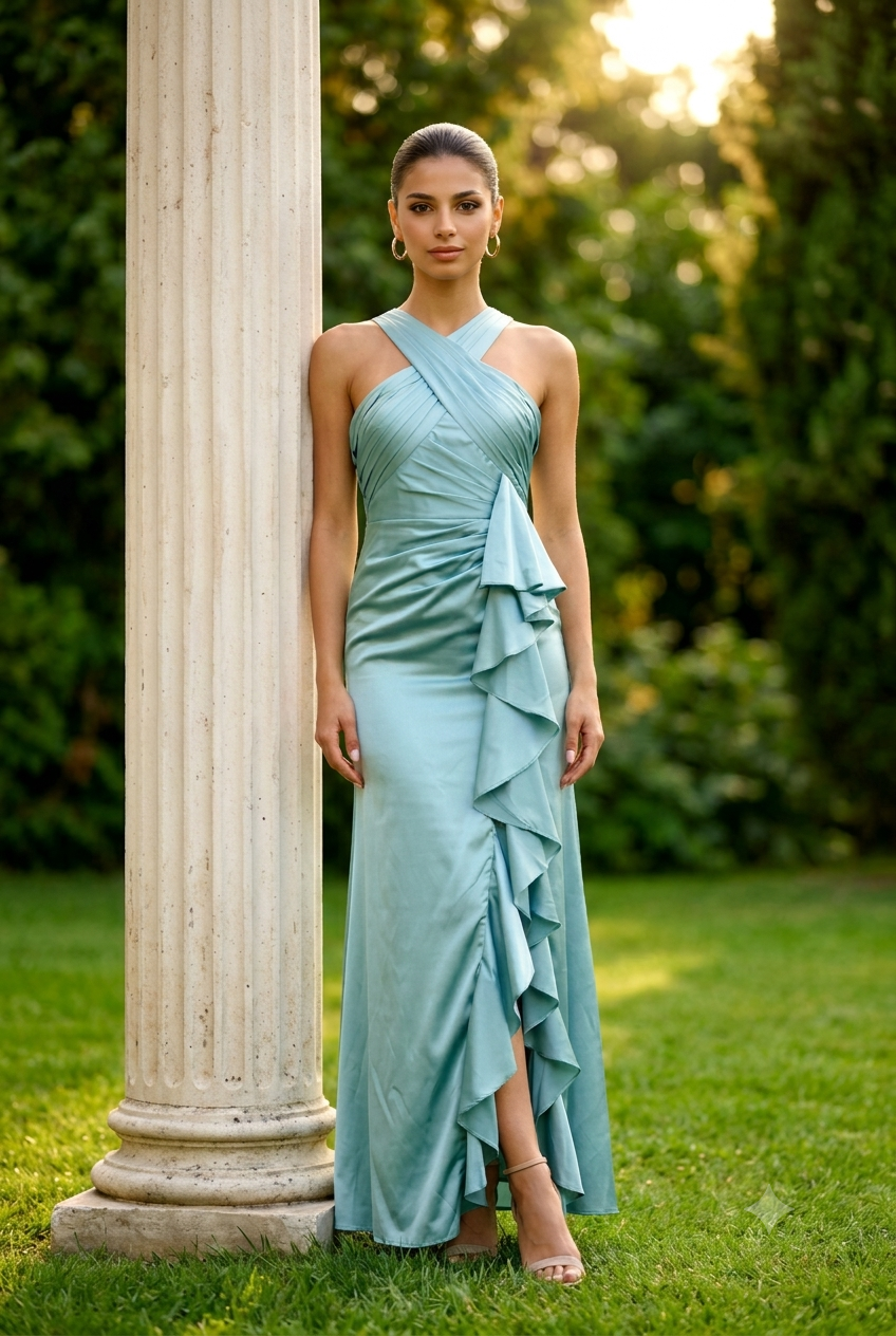 Yudith Satin Halter Neck Ruffle Slit Dress
