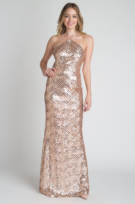Mira Geometric Halter Sequin Gown