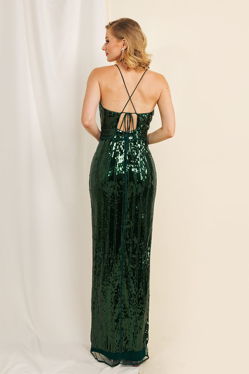 Deep V-Neck Sequin Gown W/Slit