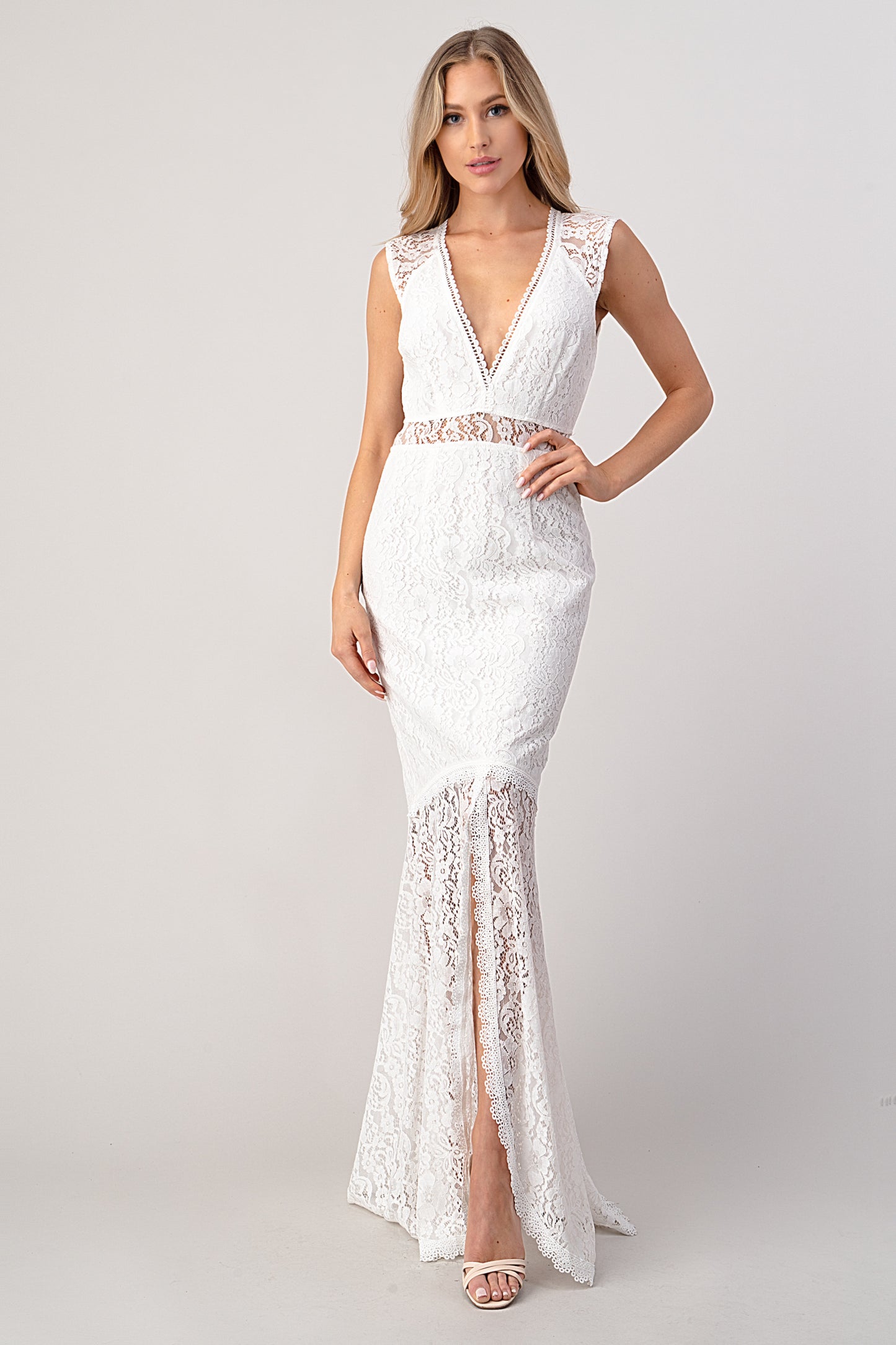 Floral Lace V-Neck Train Gown