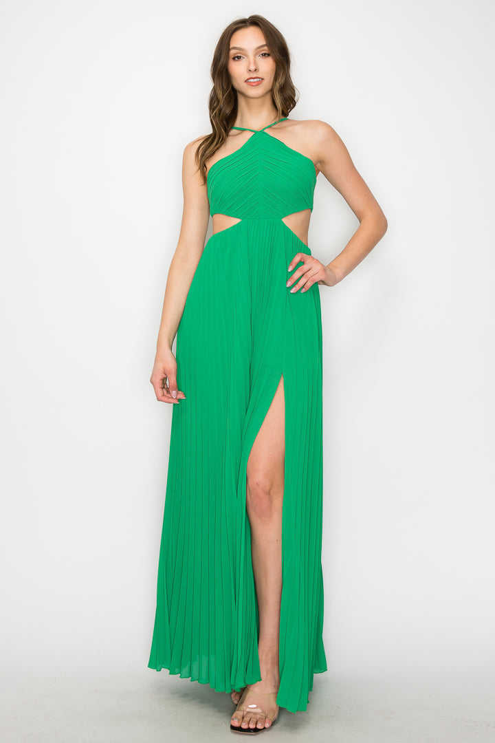 Delia Halter Pleated Chiffon With Side Cutouts