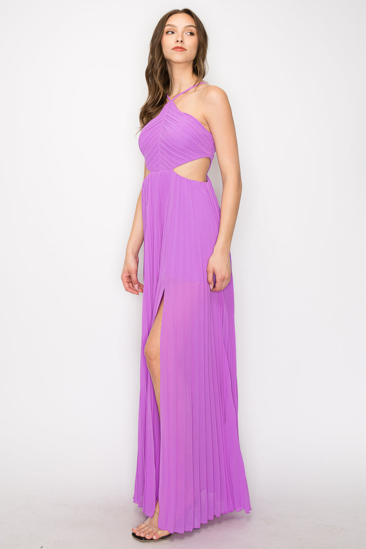 Delia Halter Pleated Chiffon With Side Cutouts