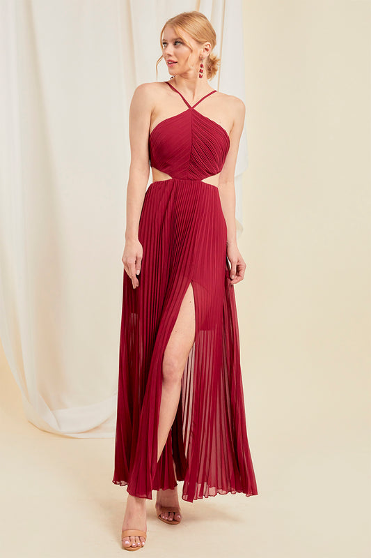 Delia Halter Pleated Chiffon Dress With Side Cutouts