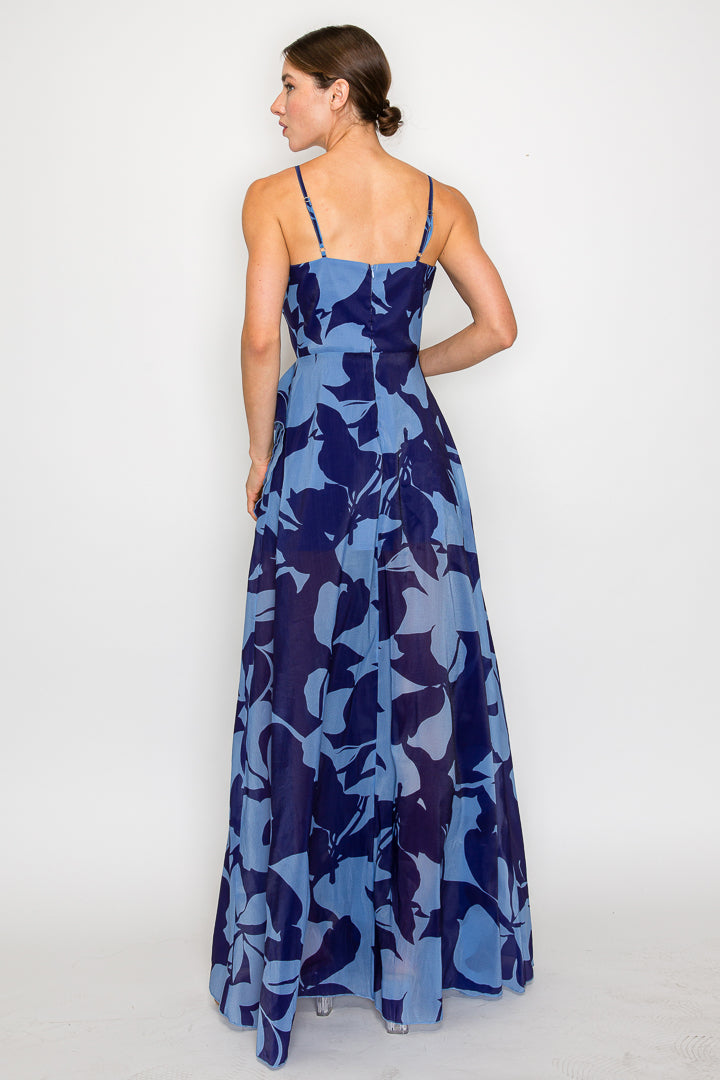 Floral Print V-Neck Gown W/ Ruffle Slit