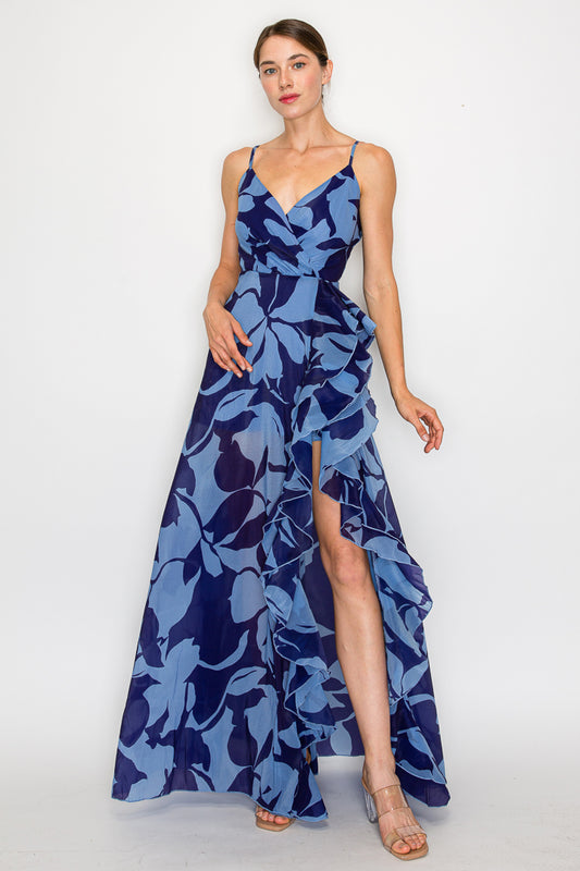 Floral Print V-Neck Gown W/ Ruffle Slit