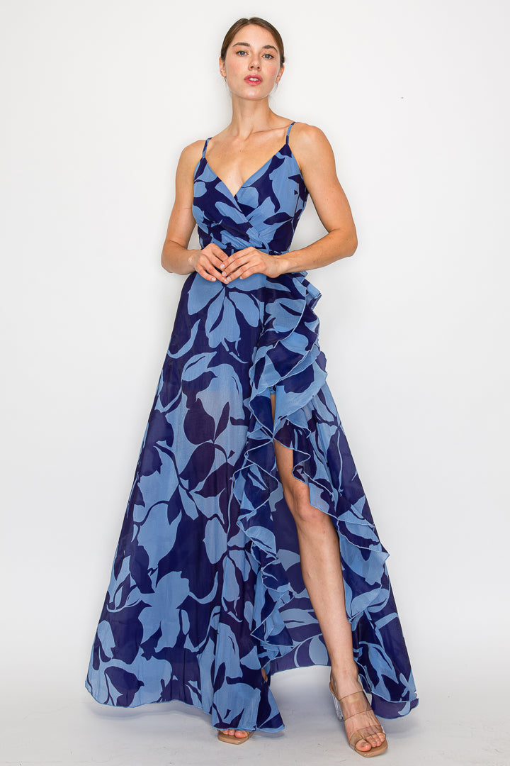 Floral Print V-Neck Gown W/ Ruffle Slit