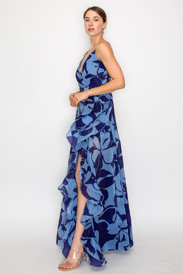 Floral Print V-Neck Gown W/ Ruffle Slit