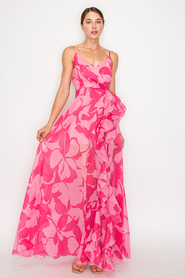 Floral Print V-Neck Gown W/ Ruffle Slit