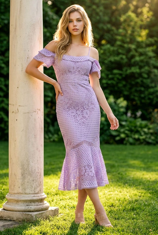 Mia Off- the- Shoulder Midi Lace Dress