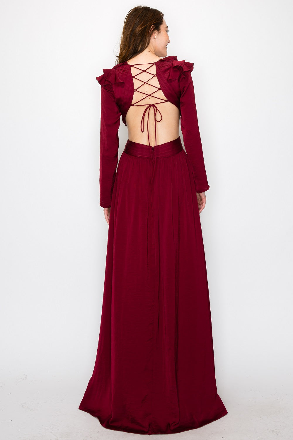 Ruffle Long Sleeve Gown W/Slit