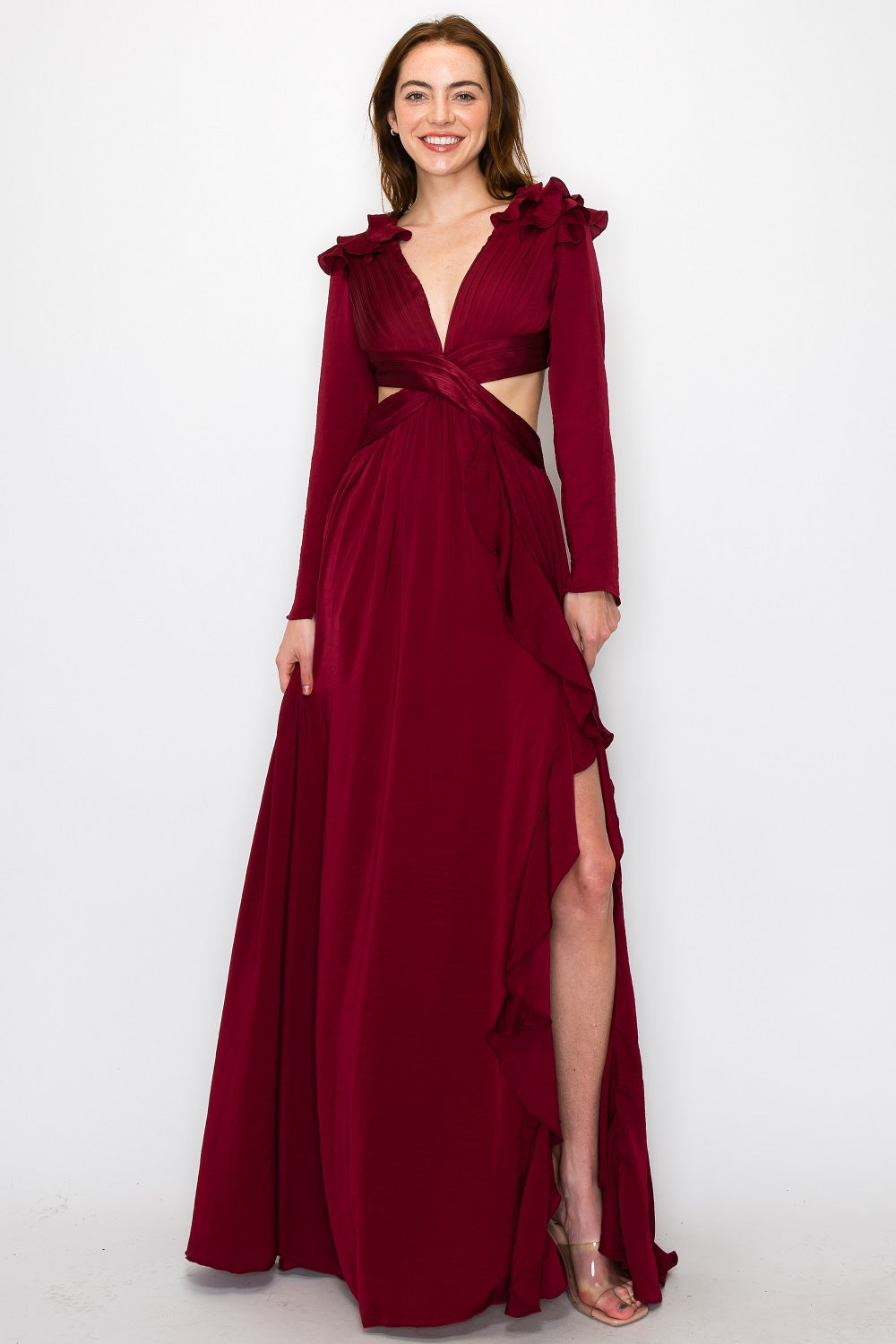 Ruffle Long Sleeve Gown W/Slit