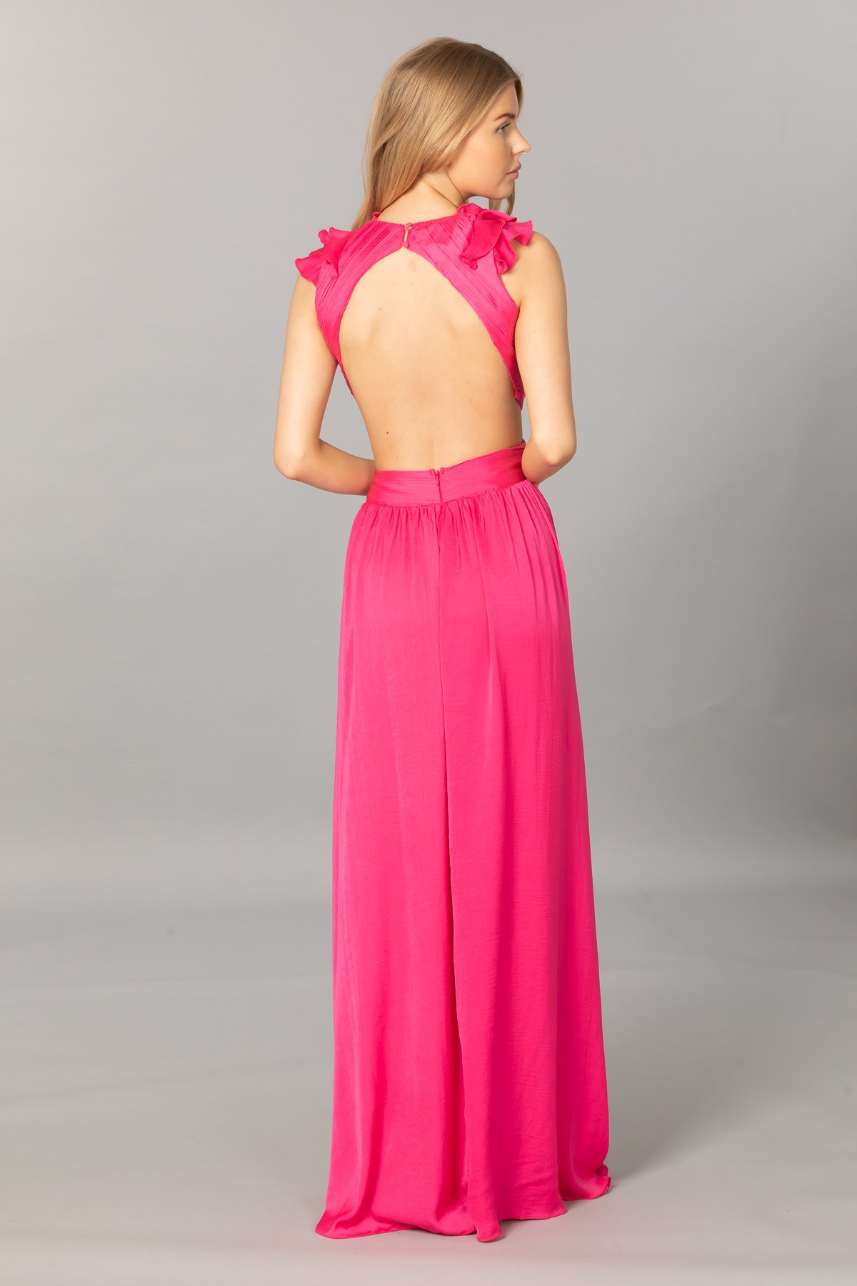 Ruffle Shoulder Cut-Out Side Gown