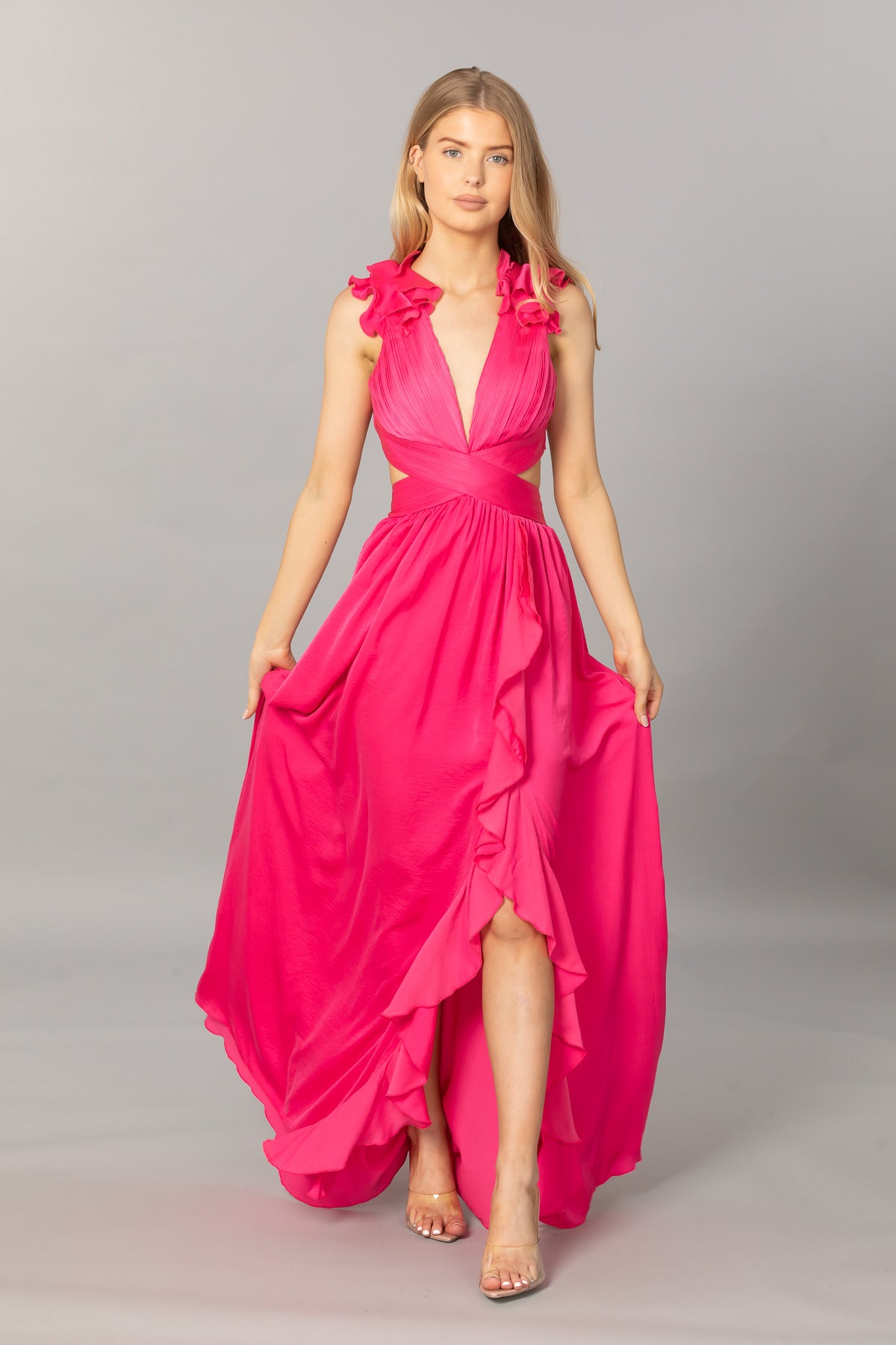 Ruffle Shoulder Cut-Out Side Gown