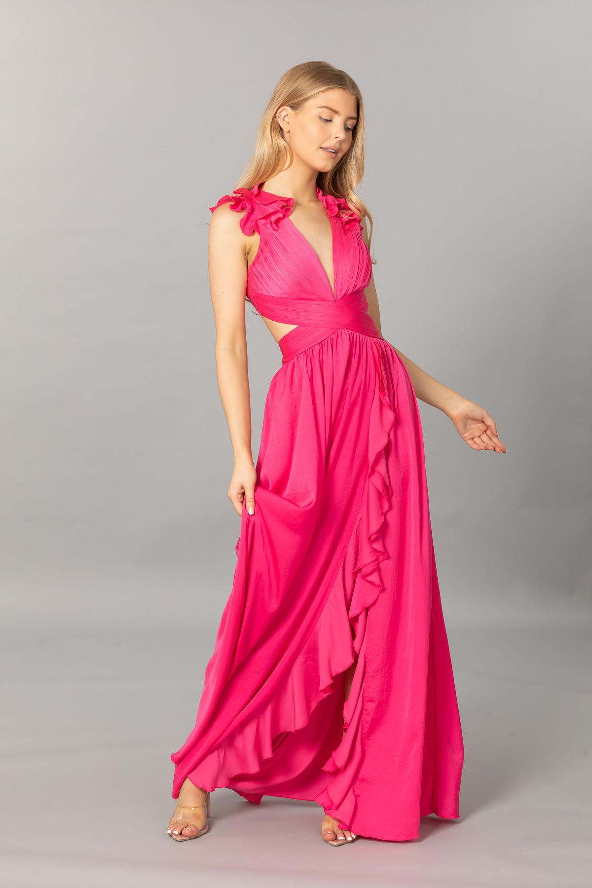 Ruffle Shoulder Cut-Out Side Gown