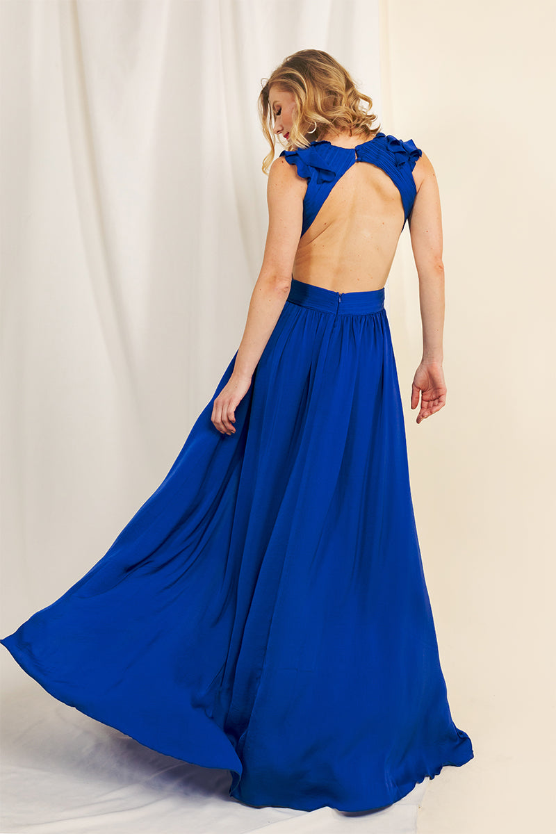 Ruffle Shoulder Cut-Out Side Gown