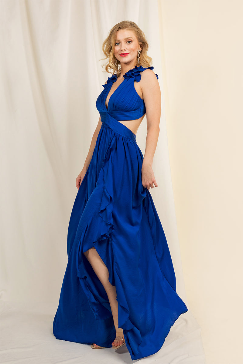 Ruffle Shoulder Cut-Out Side Gown