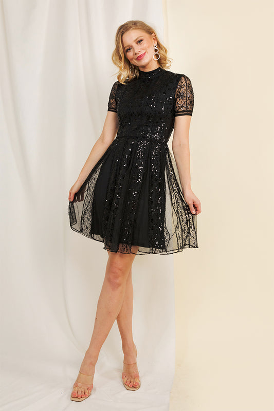 Annabelle Beaded Short Sleeve Skater Dress