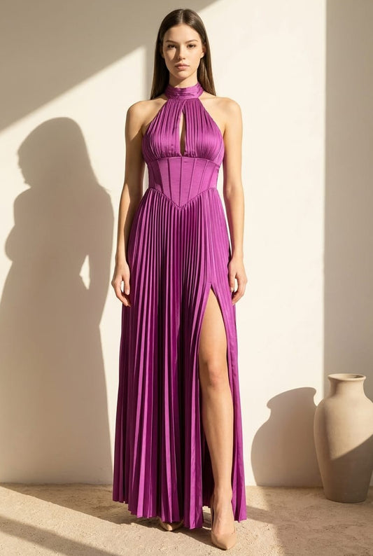 Celeste Pleated Corset Halter Maxi Dress