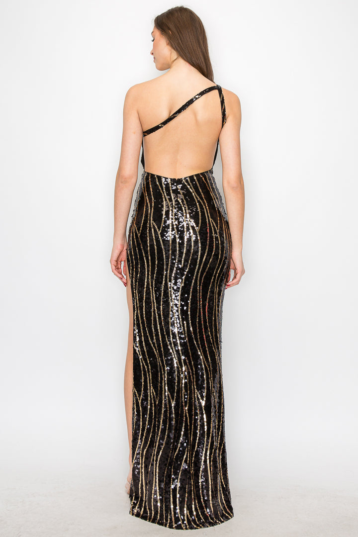 Alexia One-Shoulder Open Back Sequin Gown