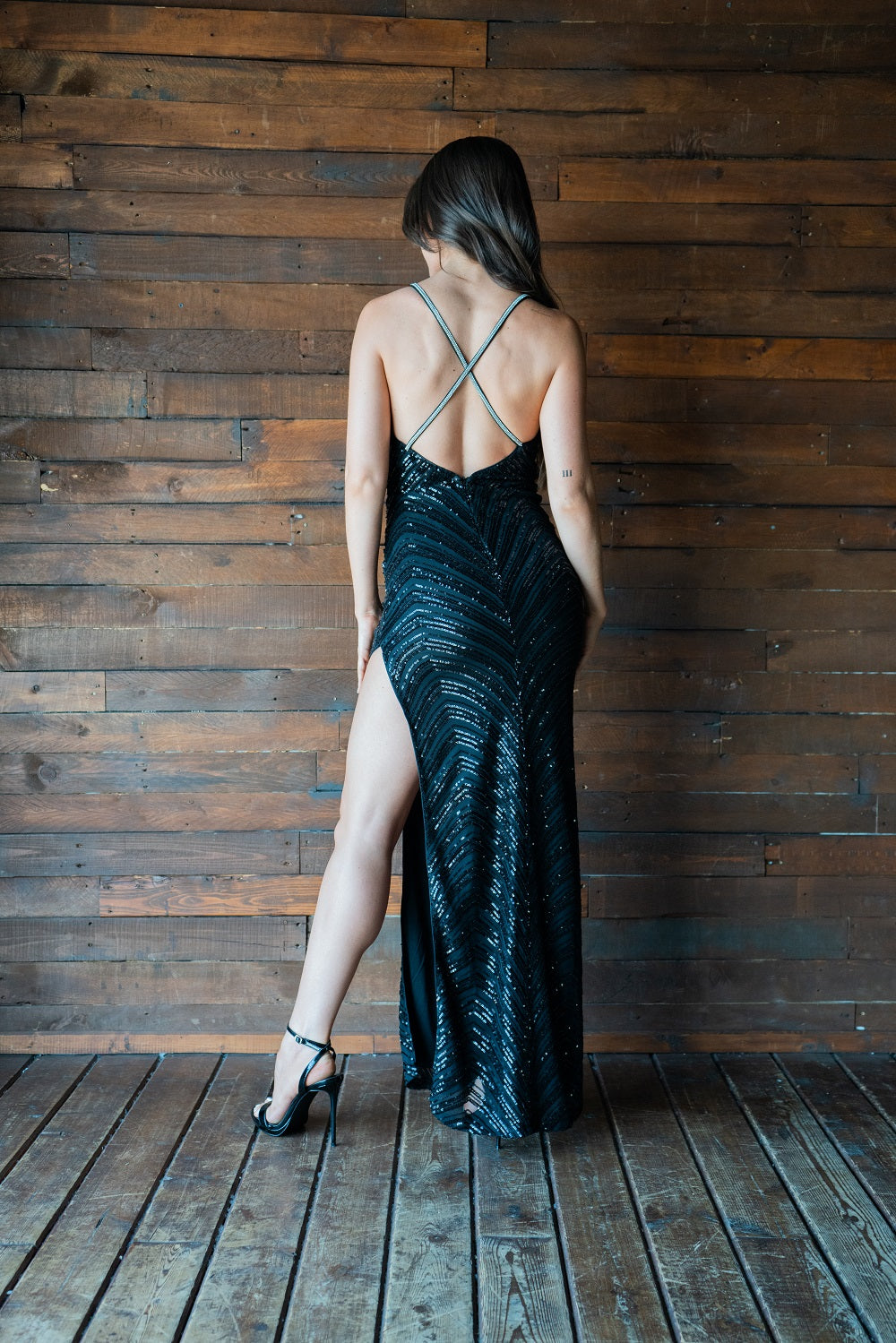 Rhinestone Strap Sequin Gown W/ Slit