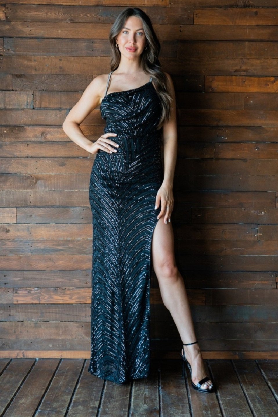 Rhinestone Strap Sequin Gown W/ Slit