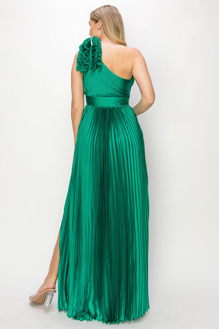 Alexandria Pleated Satin with Shoulder Ruffle