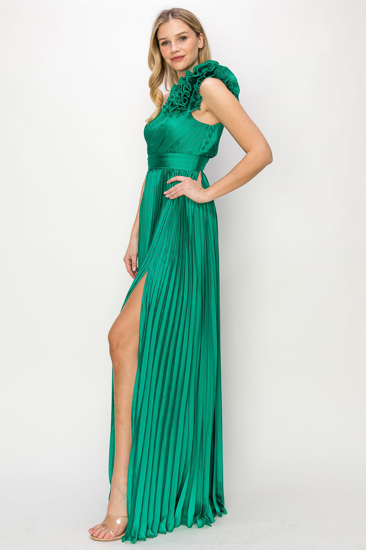 Alexandria Pleated Satin with Shoulder Ruffle