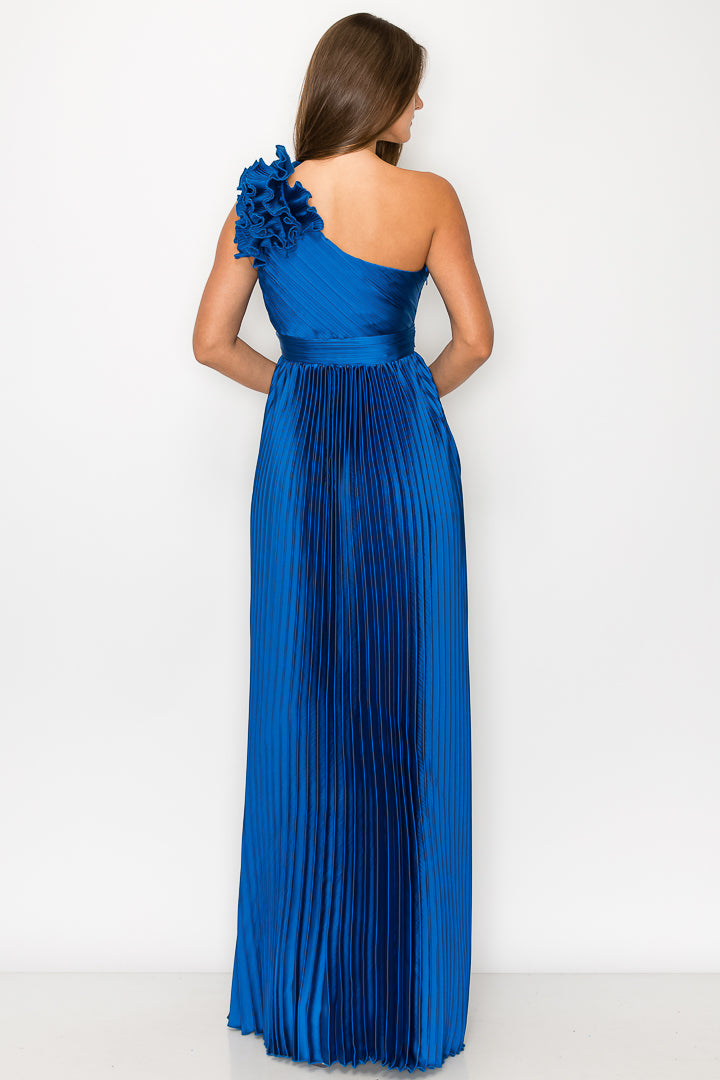 Alexandria Pleated Satin with Shoulder Ruffle